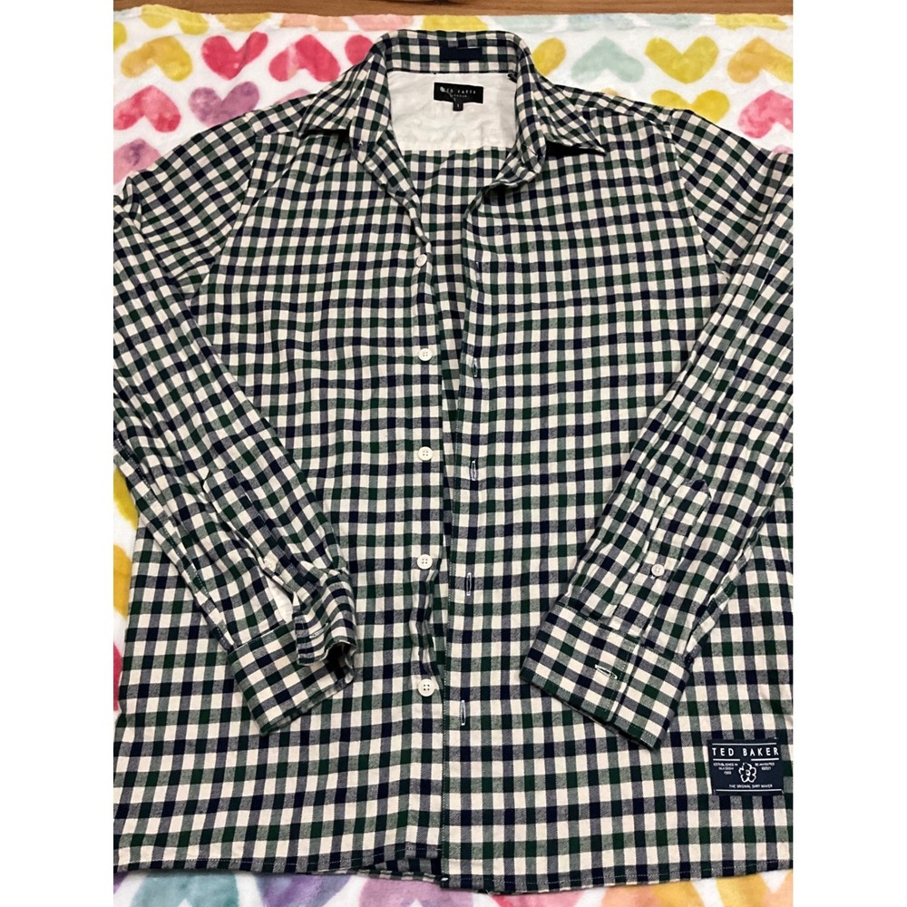 Ted Baker London Mens Gingham Check Button Down Shirt Size 1 Green Navy